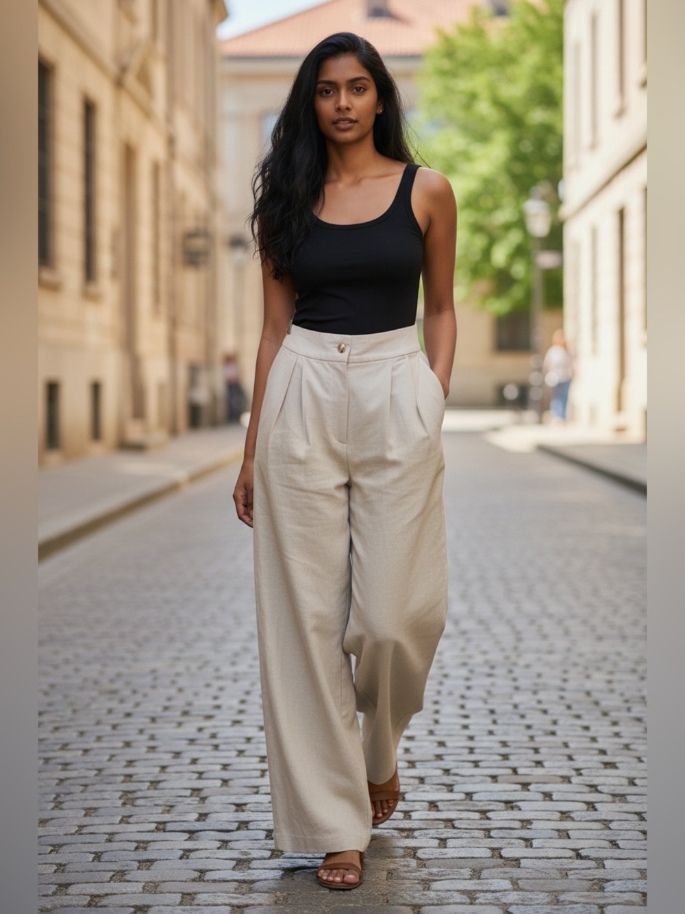 Isalis Beige Wide-Leg Linen-Blend Pants